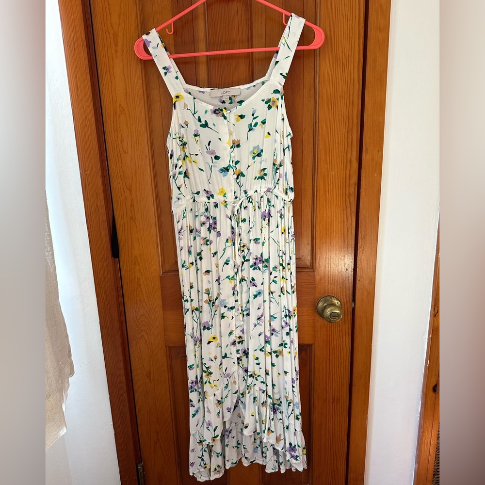 LOFT Floral White Button Front Midi Dress - Size 2